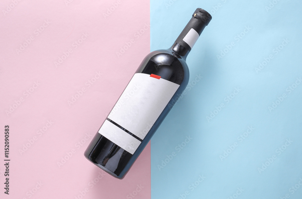 Bottle of red wine with white blank label on blue pink background Bottle of red wine with white blank label on blue pink background