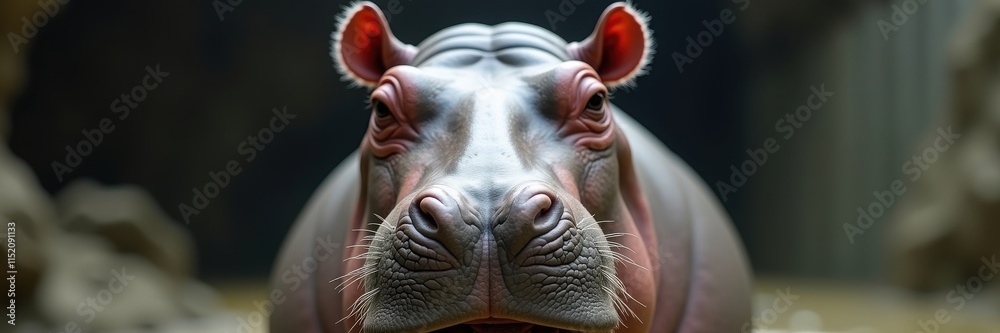 A Hippopotamus Stares Intensely With Pinkish Skin Displaying Close Up Details of Its Texture Whiskers and Small Ears Highlighting Its Power and Unique Beauty
