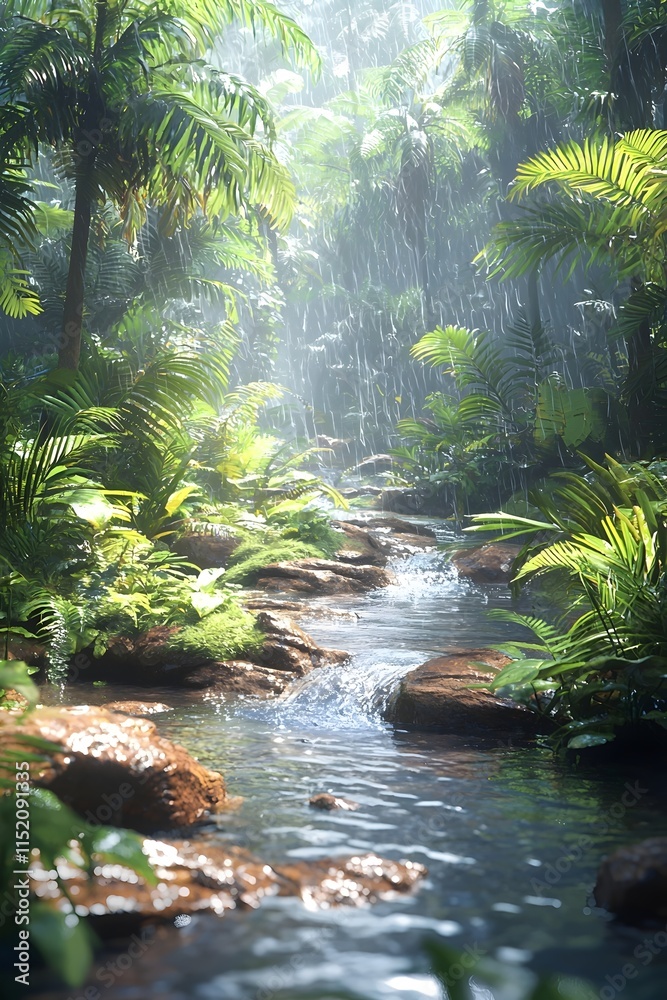 A serene tropical rainforest scene featuring a gently flowing stream surrounded by lush greenery, illuminated by soft sunlight filtering through raindrops falling from above. A serene tropical rainforest scene featuring a gently flowing stream surrounded by lush greenery, illuminated by soft sunlight filtering through raindrops falling from above.