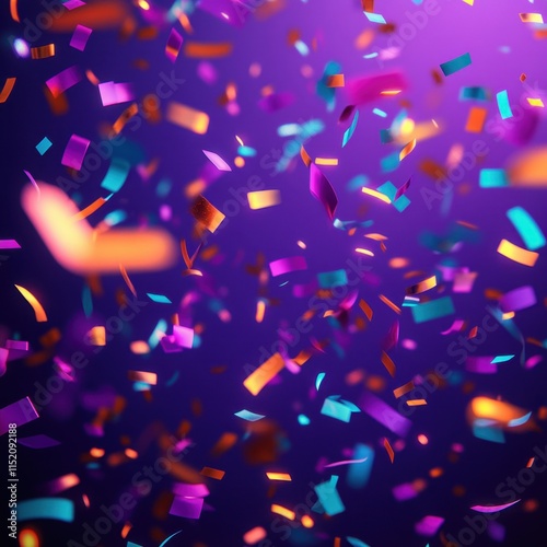 A vibrant and lively party scene with flying neon confetti against a purple background. photo