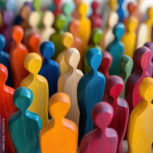 A vibrant array of colorful wooden figures symbolizing diversity and inclusion within society, showcasing different shapes and hues to represent the unity and variety of human experiences. photo