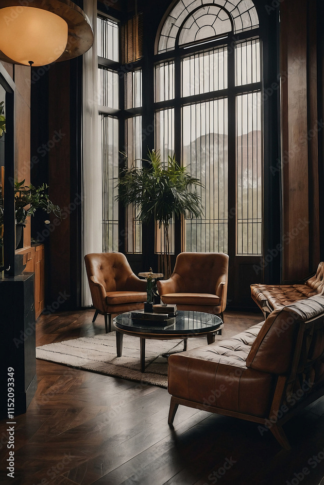 Fototapeta premium Interior Room with Leather Furniture and Large Window