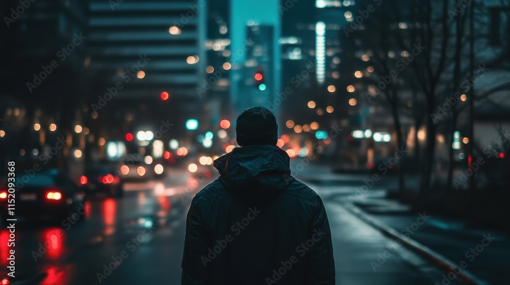 A man stands on a city street in the rain, looking out at the city lights A man stands on a city street in the rain, looking out at the city lights