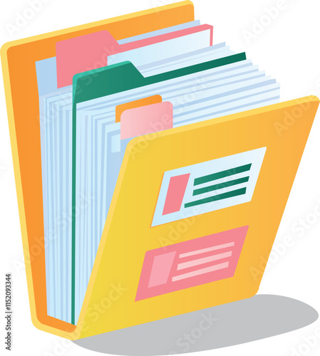 Yellow folder with files and bookmarks on documents