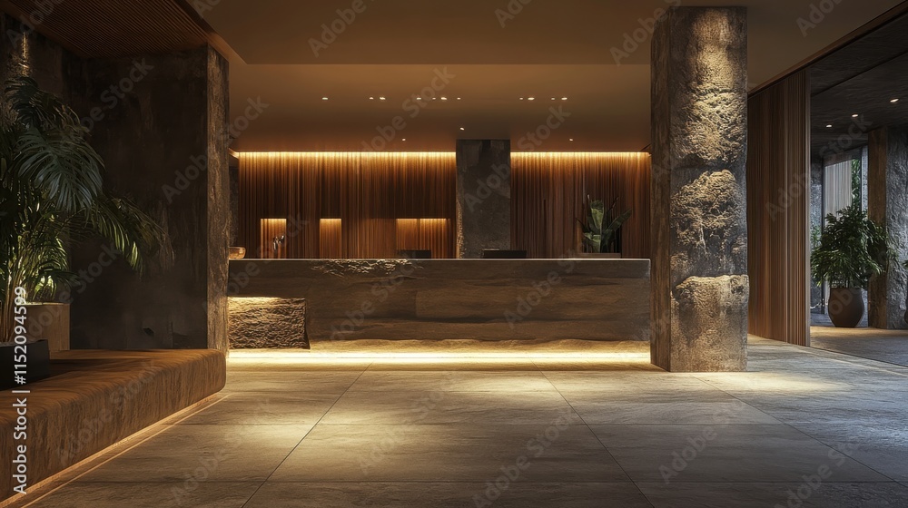 Fototapeta premium A large lobby with a stone wall and a wooden floor