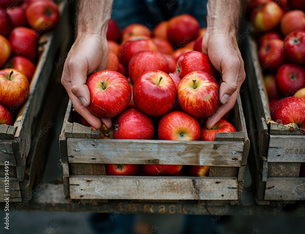A close-up of hands holding a crate filled with ripe red apples, showcasing local farming and fresh produce culture in a rustic market setting. A close-up of hands holding a crate filled with ripe red apples, showcasing local farming and fresh produce culture in a rustic market setting.