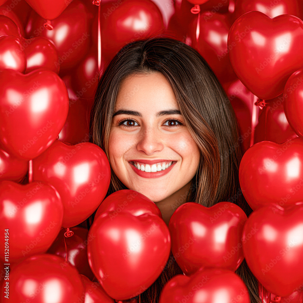 Joyful indoor celebration portrait with heart balloons and colorful love atmosphere Joyful indoor celebration portrait with heart balloons and colorful love atmosphere
