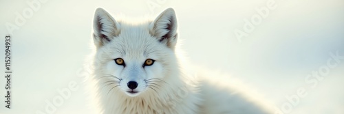 A mesmerizing arctic fox portrait showcasing its luminous white fur and captivating amber eyes against a soft winter background photo