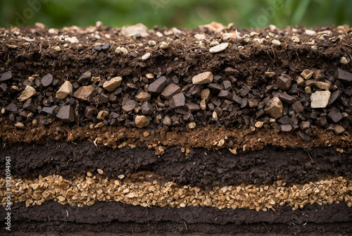 layered view of soil with visible rocks and organic matter