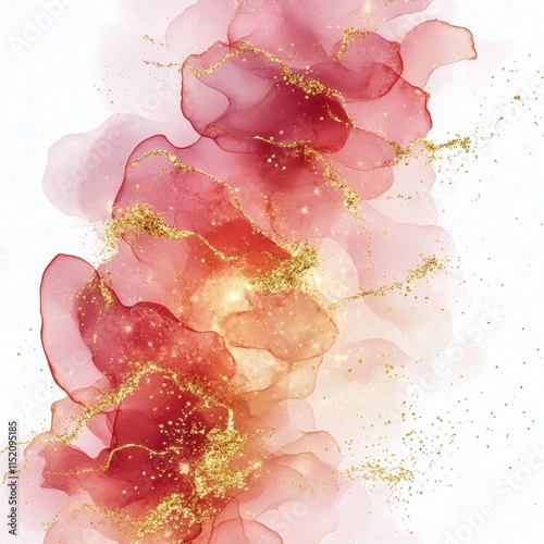 A watercolor illustration of alcohol ink with gold glitter, featuring soft pink and red hues. photo