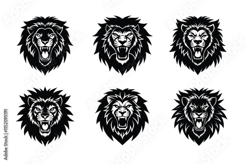 Wild roaring lion king head Silhouette set. Tatto vector illustration