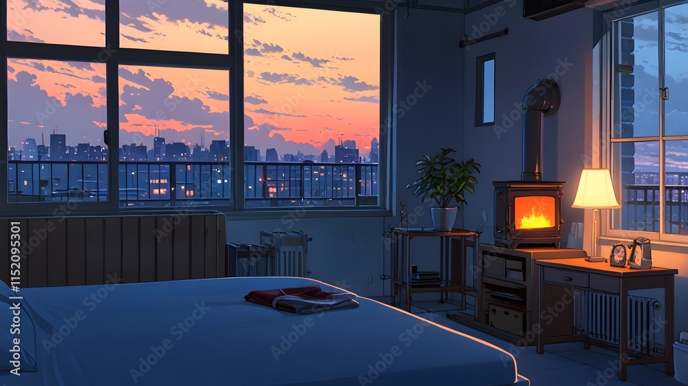 Fototapeta premium bedroom setting with mattress, window, lamp and fireplace.