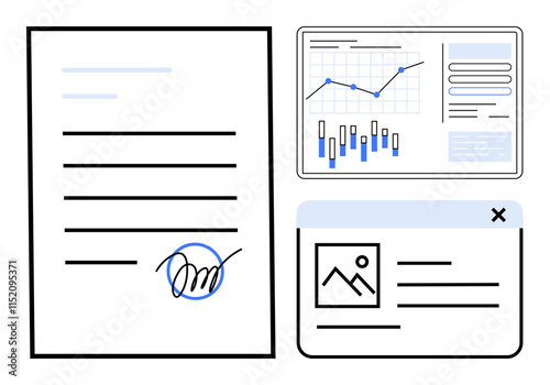 Digital document with signature, data charts showing bar and line graphs, and image icon with text. Ideal for business, finance, data analysis, digital transactions, presentations, reports