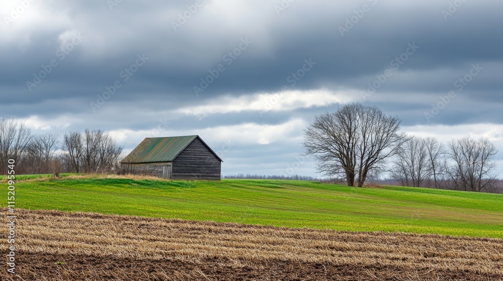 Overcast Landscape with Barn and Green Fields Overcast Landscape with Barn and Green Fields