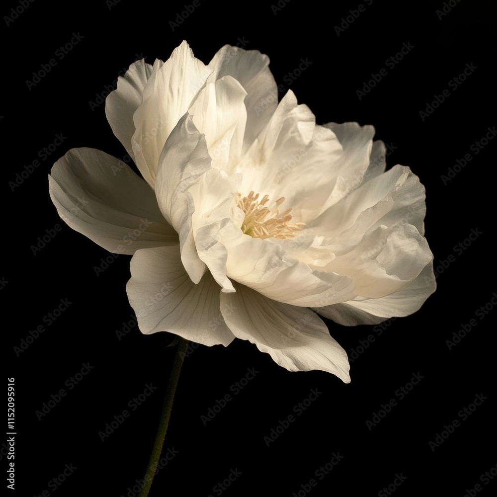 A white flower against a black background, creating a striking contrast that highlights the flower's delicate details and purity. A white flower against a black background, creating a striking contrast that highlights the flower's delicate details and purity.