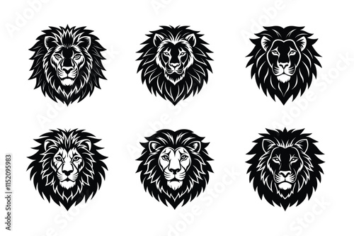 Wild roaring lion king head Silhouette set. Tatto vector illustration photo