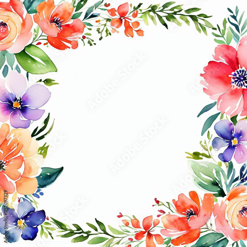 Watercolor color flower Floral frame Textured border Background on white