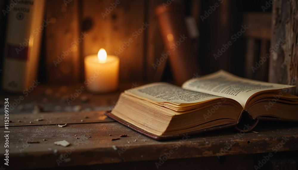 Sad loss open book with candlelight in rustic room Sad loss open book with candlelight in rustic room