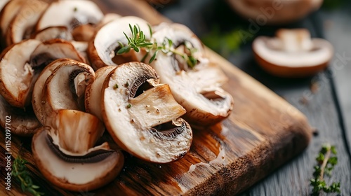 Close up sliced Mushroom on wooden board photo