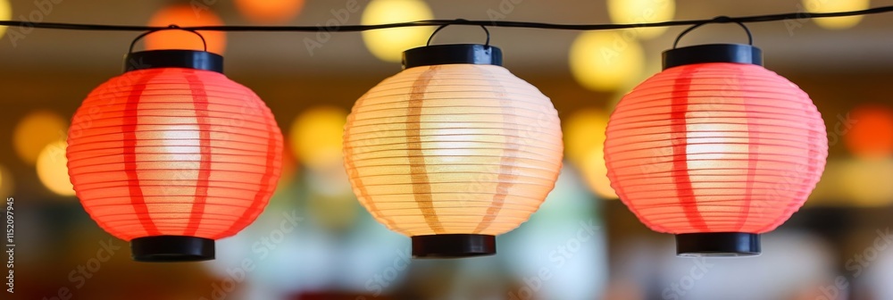 Obraz premium Three Paper Lanterns, Red, White, and Pink, Glowing Warm Against a Blurred Background of Lights