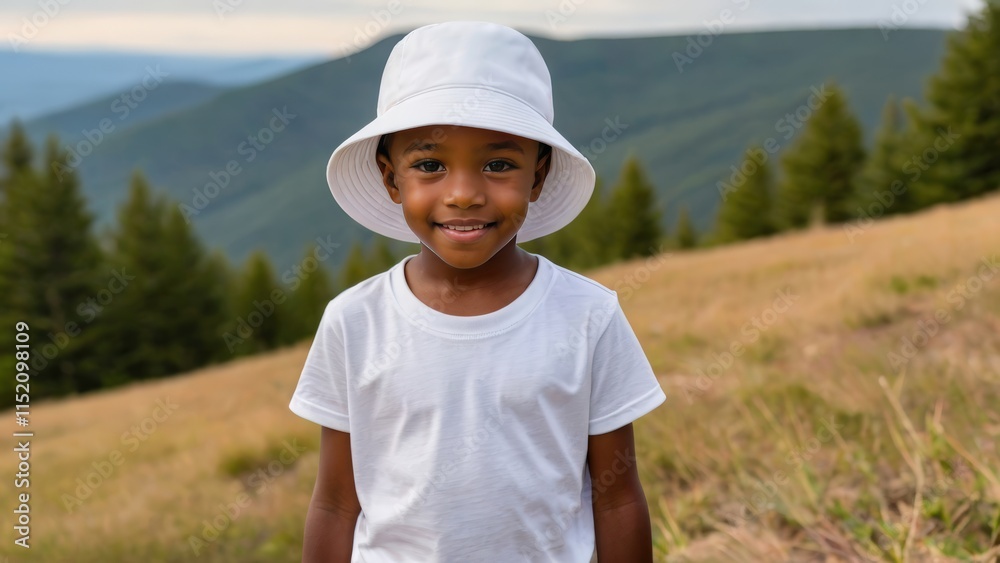 Little black boy wearing white t-shirt and white bucket hat standing on a mountain