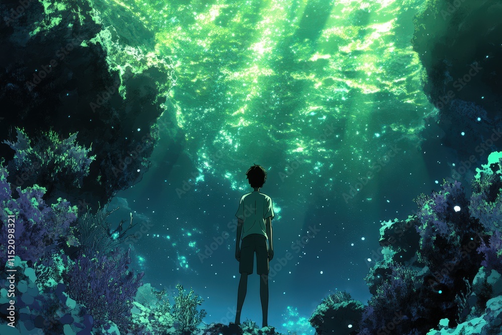 Boy Gazing at a Luminous Underwater Scene Boy Gazing at a Luminous Underwater Scene