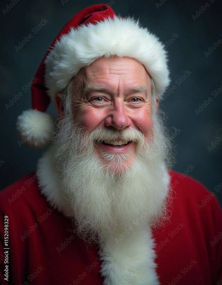 Naklejka premium A jolly old man with a white beard and a red hat with a white pom pom on it is smiling. He is wearing a red shirt and he is in a festive mood