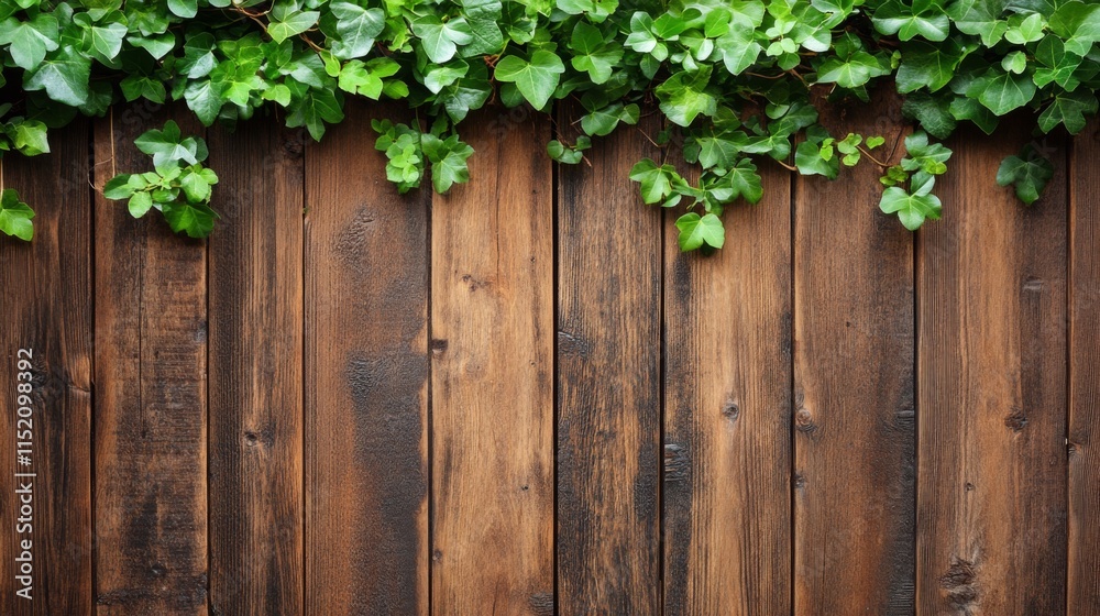 Rustic Wood Background with Green Ivy Leaves Rustic Wood Background with Green Ivy Leaves