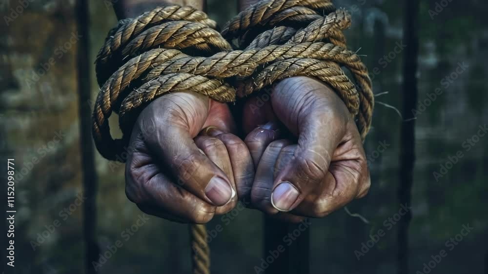 Bound hands with rope against a dark rustic background
