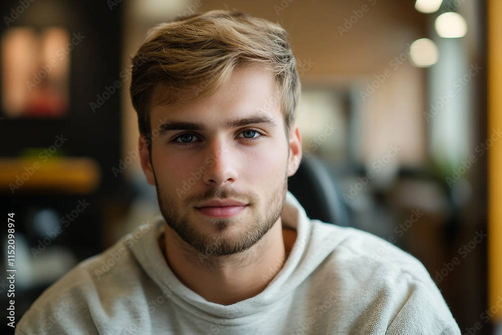 Obraz premium Young man getting haircut in a barbershop salon generative ai