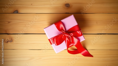 A single pink gift box with a red ribbon bow sits on a wooden surface, waiting to be unwrapped. photo