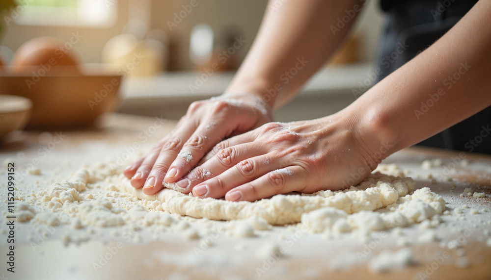Help Concept hands kneading dough on wooden table in kitchen Help Concept hands kneading dough on wooden table in kitchen