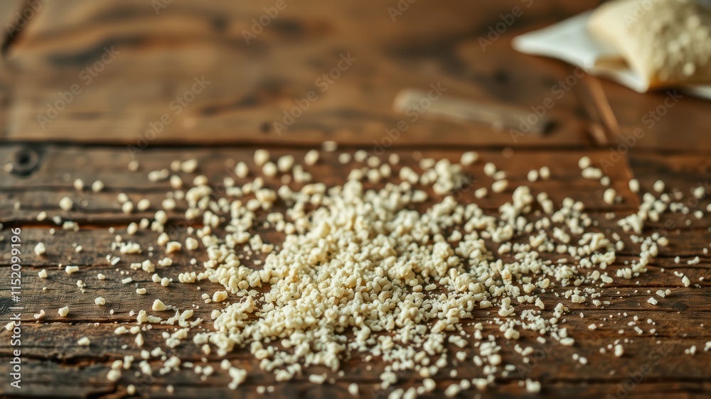 Closeup of tiny white crumbs scattered on a rustic wooden surface, creating a textural and inviting backdrop for culinary creations. Closeup of tiny white crumbs scattered on a rustic wooden surface, creating a textural and inviting backdrop for culinary creations.