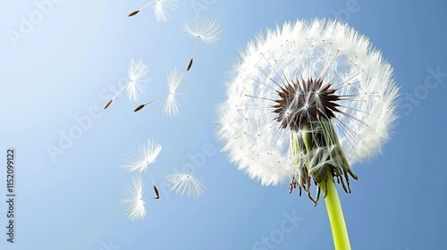 Dandelion with seeds blowing away in the wind across a clear blue sky with copy space

