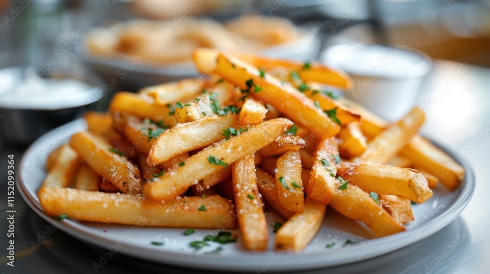 Plate of golden fries with parsley and salt, blurred background. Plate of golden fries with parsley and salt, blurred background.