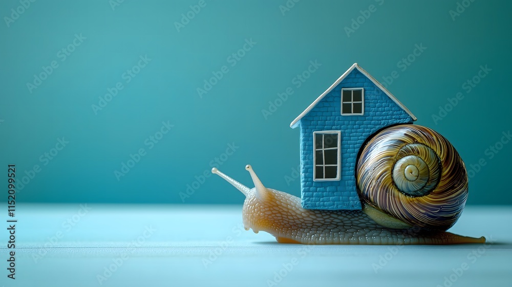 Snail holding up a blue house on its back on a baby blue background. Copy space, credit, bank, home concept.