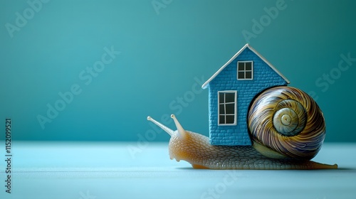 Obraz na płótnie Snail holding up a blue house on its back on a baby blue background. Copy space, credit, bank, home concept. w salonie
