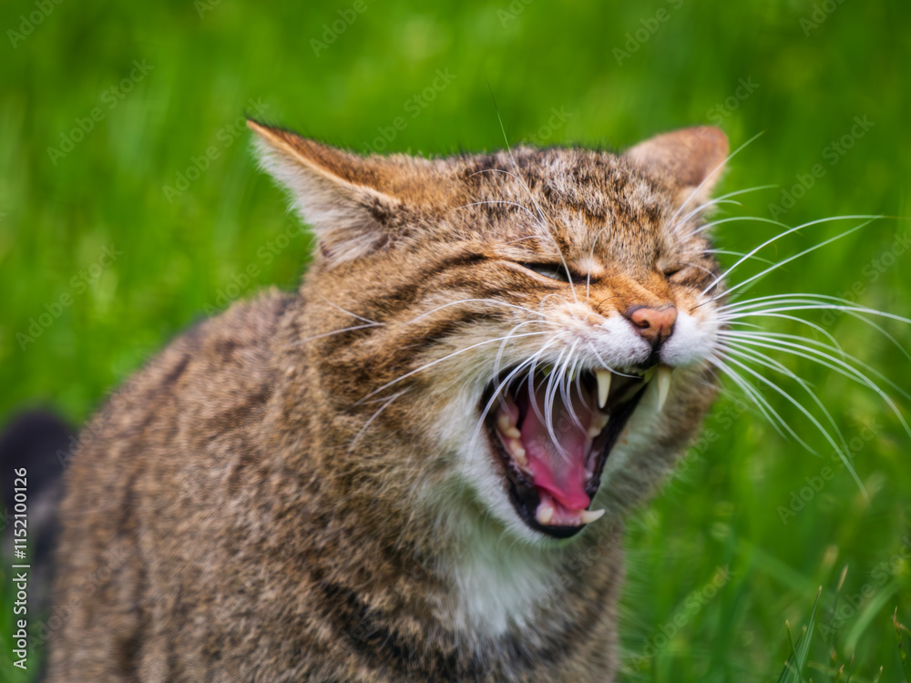 Female Scottish Wildcat Yawning Showing Teeth Female Scottish Wildcat Yawning Showing Teeth
