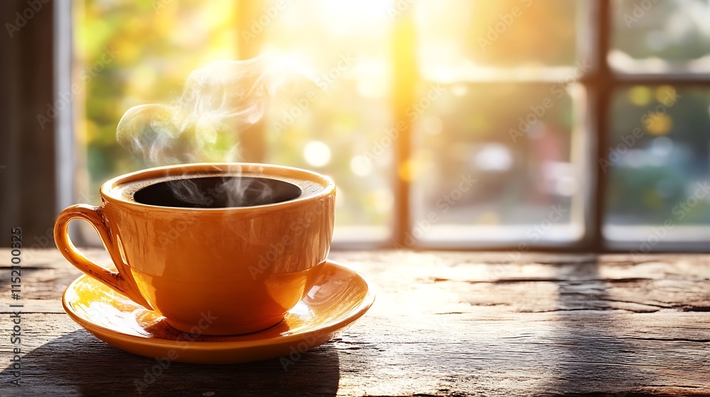 Steaming cup of black coffee on a rustic wooden table with morning light streaming in Steaming cup of black coffee on a rustic wooden table with morning light streaming in