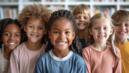 A joyful group of six diverse children, with different hairstyles and clothing, smiles brightly in a cozy library setting, showcasing friendship and inclusivity.