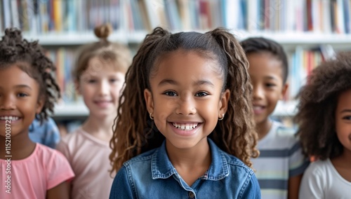Joyful group of diverse children in a library, showcasing friendship and learning in an engaging environment. Perfect for educational and marketing themes.