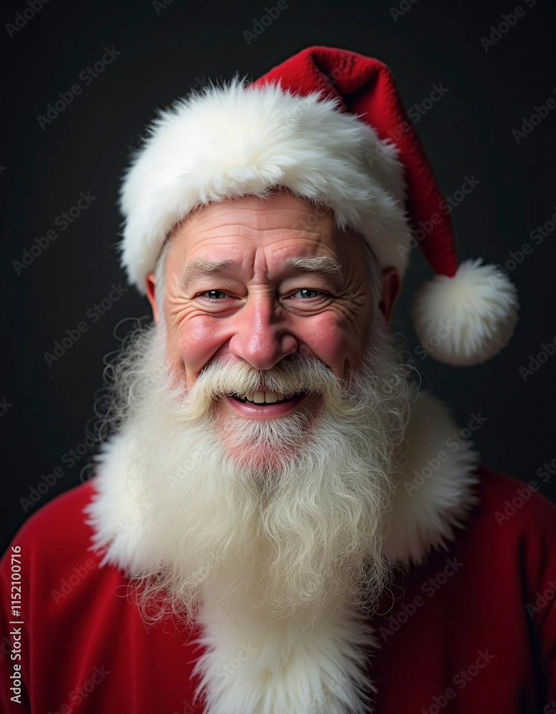 Naklejka premium A jolly old man with a big white beard and a red hat with a white pom pom on it is smiling. He looks very happy and cheerful, and his beard is quite long