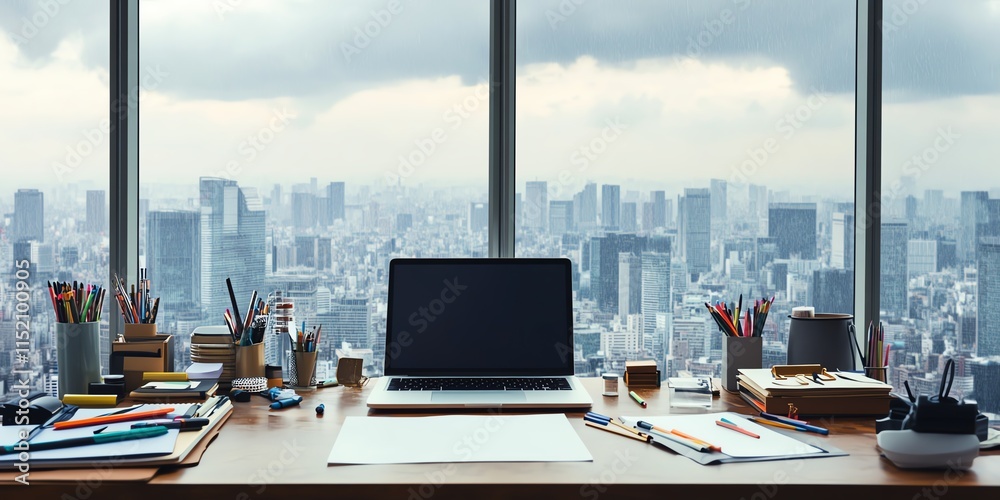 Modern office desk with laptop overlooking a vibrant city skyline through large windows. Modern office desk with laptop overlooking a vibrant city skyline through large windows.