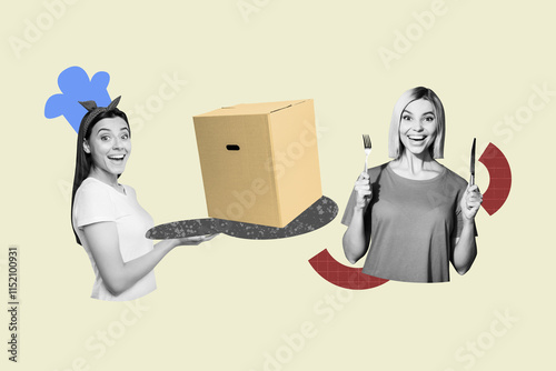 Composite trend artwork 3D sketch image photo collage of young woman carry box food restaurant delivery fast service hungry fork knife photo