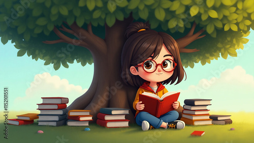 Cartoon girl reading book