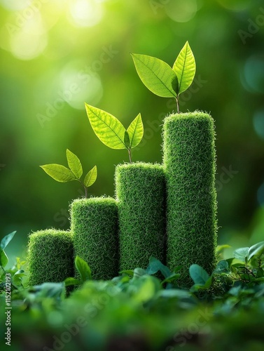 A vibrant green representation of growth, featuring four moss-covered bars with leaves, symbolizing sustainability and environmental progress.