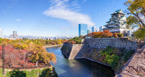 Osaka Castle main keep (Tenshu) on inner wall. Osaka Castle is a Japanese castle in Chuo ward in historic city of Osaka, Japan. It's one of the most famous castle in Japan. photo