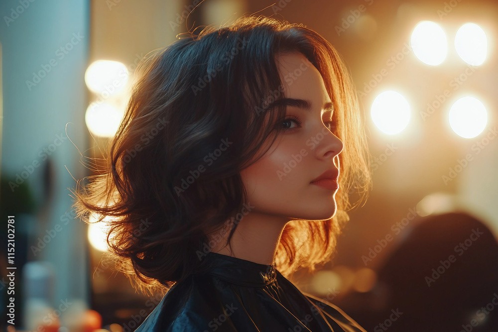 Fototapeta premium Portrait of a woman smiling after getting a stylish new haircut in a salon generative ai