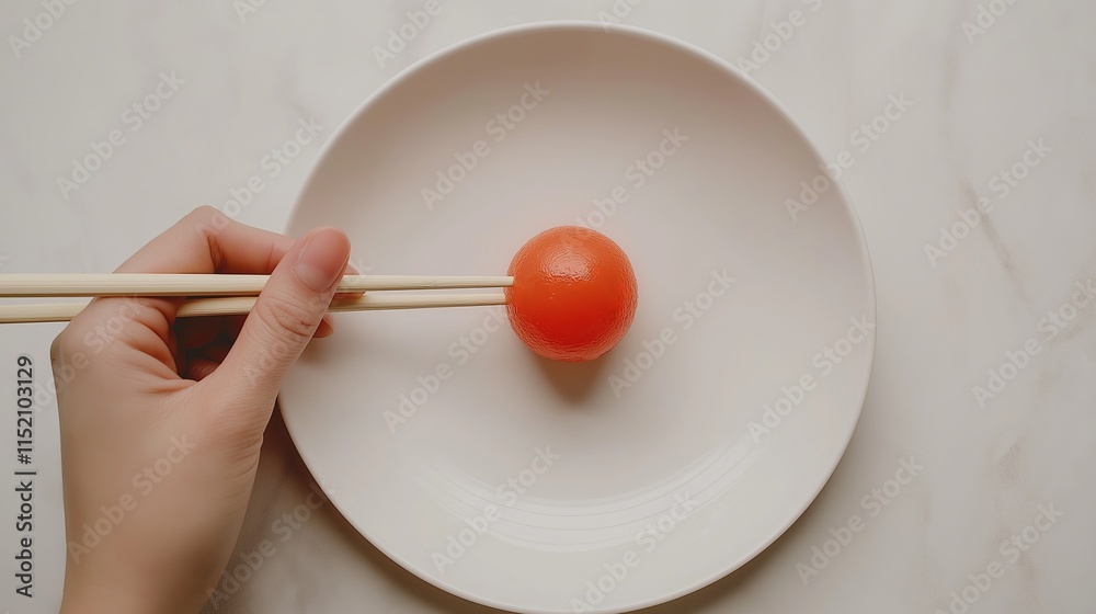 A close-up of a hand holding chopsticks to pick up a round orange object on a white plate