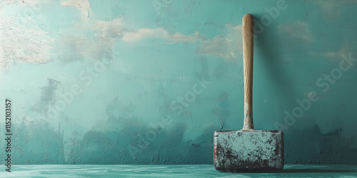 A minimalist abstract background featuring a weathered hammer with a wooden handle against a textured mint-colored wall photo